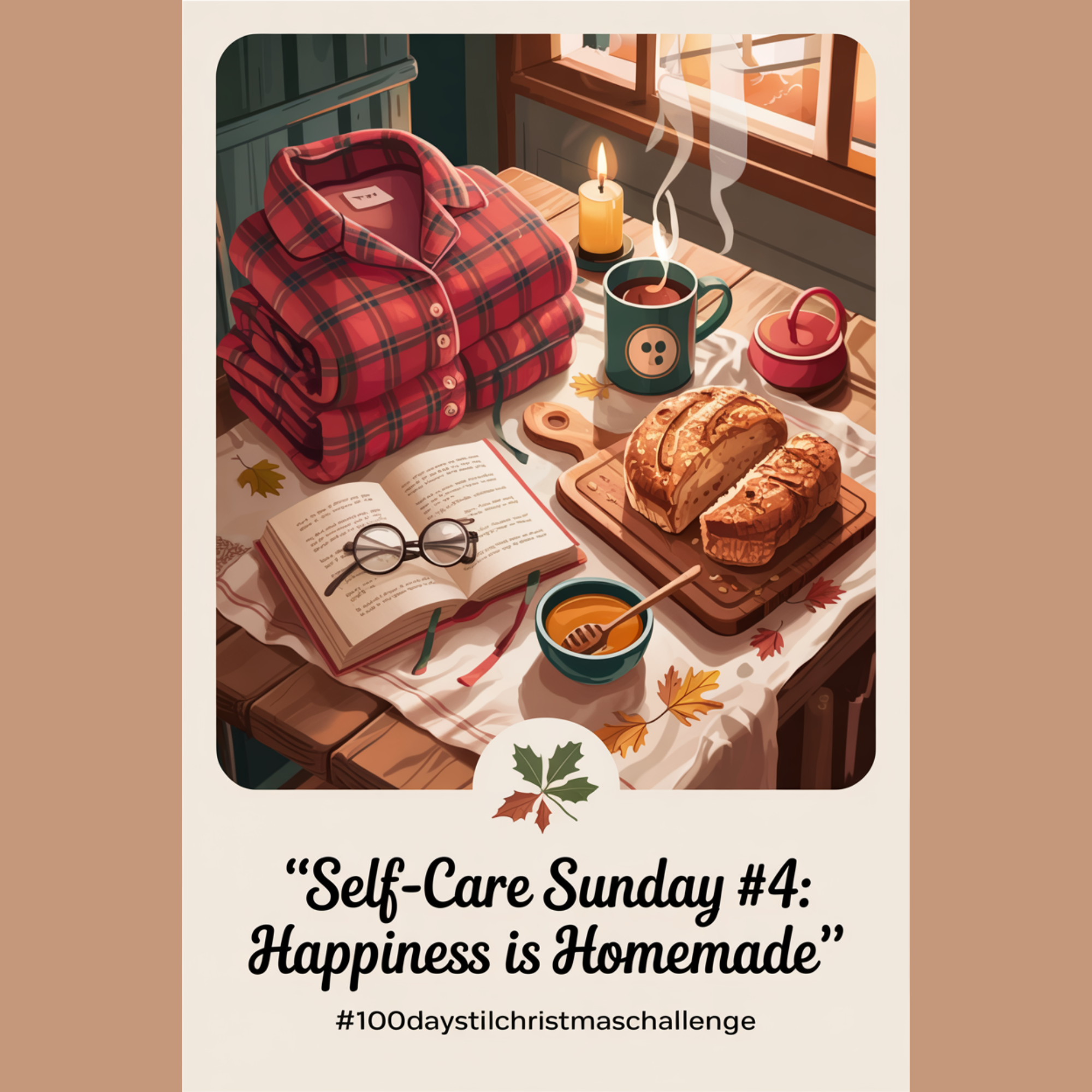 “Warm autumn-themed vintage illustration featuring bread, tea, pajamas, honey, and an open book on a wooden table under candlelight. Text overlay says ‘Self-Care Sunday #4: Happiness Is Homemade’ and #100DaysTilChristmasChallenge.”