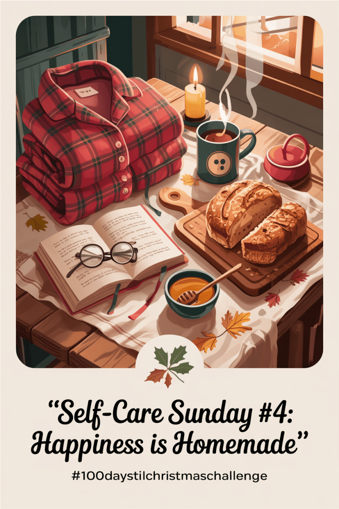 “Vintage flat lay of cozy red flannel pajamas, open book, loaf of bread, honey bowl, and mug of tea on a rustic wooden table surrounded by fall leaves. Text overlay reads ‘Self-Care Sunday #4: Happiness Is Homemade’ with #100DaysTilChristmasChallenge.”