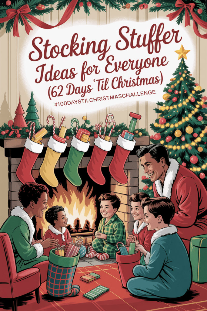 stocking stuffer ideas: Vintage 1950s-style Christmas illustration of a cozy living room with a family gathered around a fireplace filled with stockings and small gifts, representing stocking stuffer ideas for everyone.