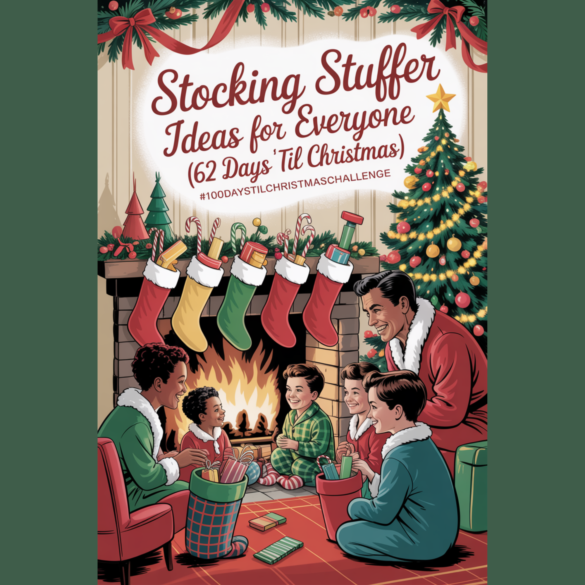 stocking stuffer ideas: Warm, nostalgic holiday scene with a diverse family in plaid pajamas opening Christmas stockings near a decorated tree, promoting the post “Stocking Stuffer Ideas for Everyone (64 Days ’Til Christmas).