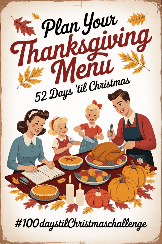 “Vintage 1950s-style illustration of a family preparing Thanksgiving dinner together in a cozy kitchen. A mother fills out a Thanksgiving planner while others cook and set the table.”