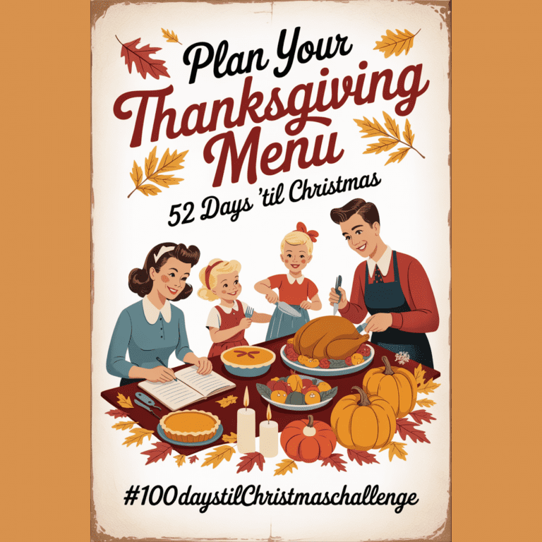 thanksgiving planner: “Warm, vintage-style Thanksgiving kitchen scene with a family cooking together. A woman writes in a Thanksgiving planner on the counter while others prepare turkey, pies, and side dishes in a cozy 1950s-inspired setting.”