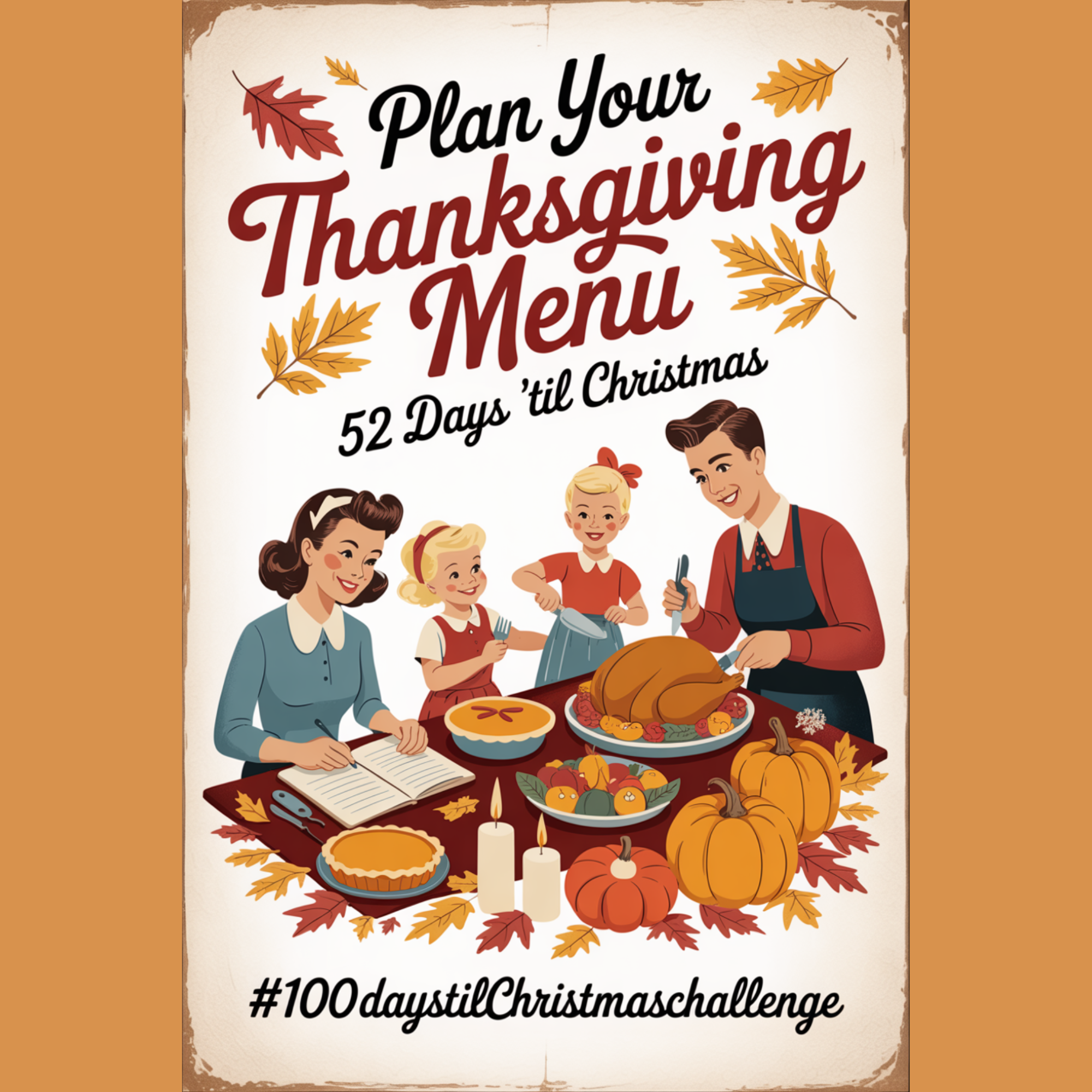 thanksgiving planner: “Warm, vintage-style Thanksgiving kitchen scene with a family cooking together. A woman writes in a Thanksgiving planner on the counter while others prepare turkey, pies, and side dishes in a cozy 1950s-inspired setting.”