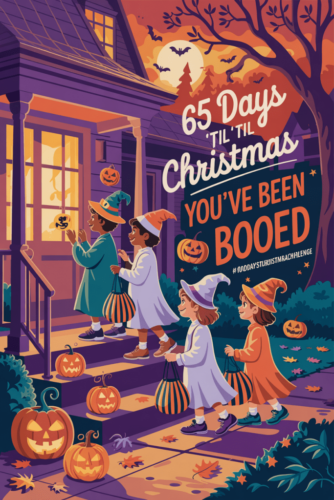 you've been booed ideas: Vintage 1950s-style Halloween illustration of kids leaving “You’ve Been Booed” treat bags on a neighbor’s porch with glowing pumpkins and fall leaves.