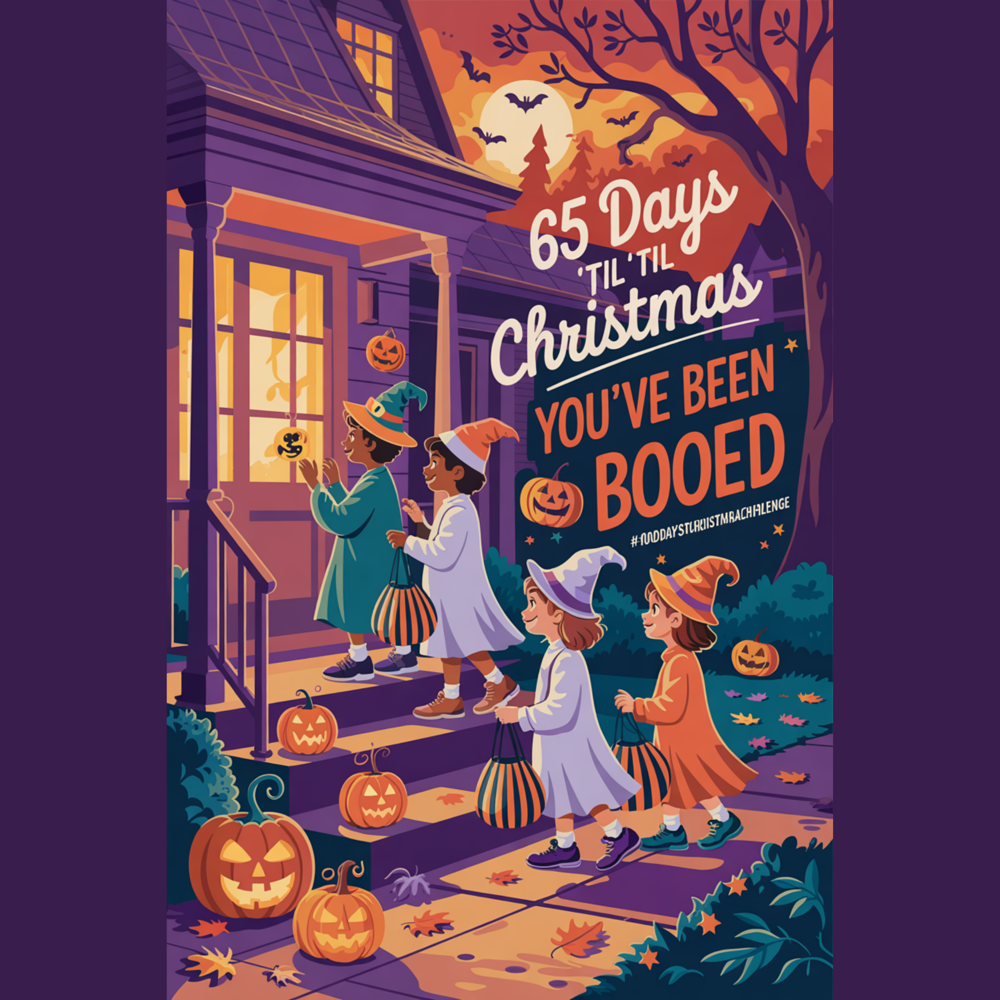 Warm nostalgic Halloween scene showing children in costumes delivering small Boo Bags on a doorstep for a neighborhood Halloween tradition.