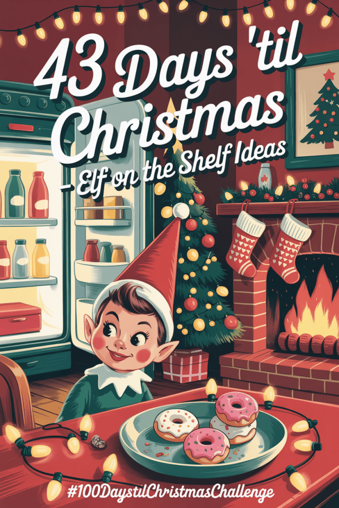 Vintage 1950s Christmas living room with a mischievous elf hiding among decorations, mini donuts on a plate, and a sparkling tree in the background. Text overlay reads “43 Days ’Til Christmas – Elf on the Shelf Ideas” and “#100DaysTilChristmasChallenge.”