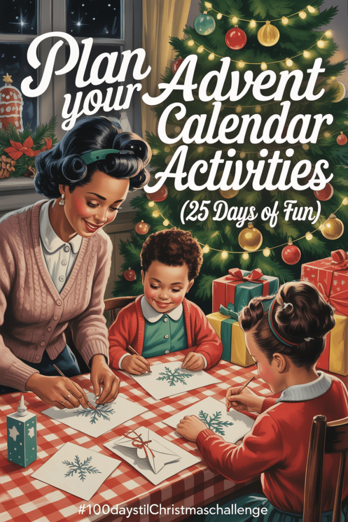 A cozy 1950s-style Christmas illustration showing a mother and children making paper snowflakes and planning their advent calendar activities at the kitchen table, with a glowing Christmas tree in the background.