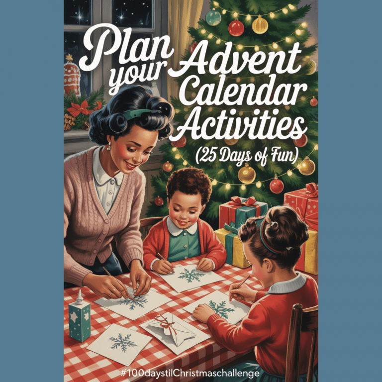 Vintage holiday scene of a family preparing advent calendar activities together — writing letters to Santa and crafting ornaments beside a warmly lit Christmas tree and festive décor.