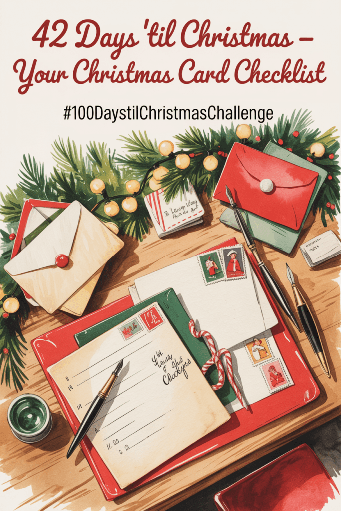 Vintage Christmas illustration of a cozy holiday desk with cards, envelopes, and decorations for a Christmas card checklist and mailing prep.