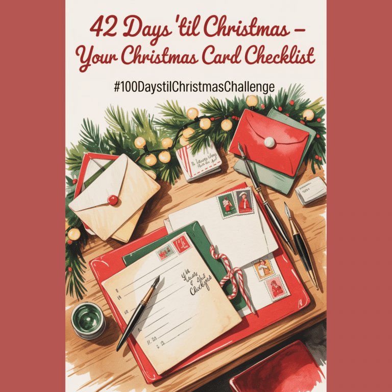 1950s-inspired Christmas scene showing festive stationery, stamps, and garland used to organize a family’s Christmas card checklist.