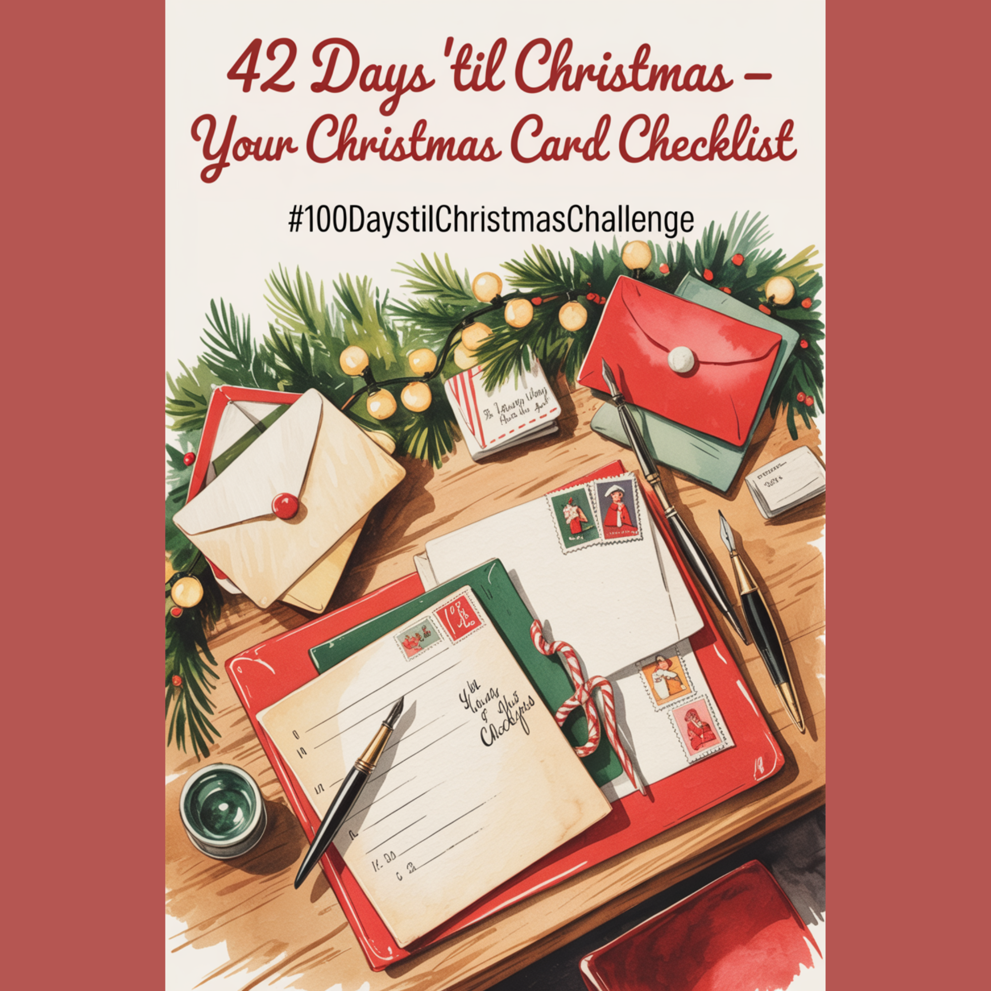 1950s-inspired Christmas scene showing festive stationery, stamps, and garland used to organize a family’s Christmas card checklist.