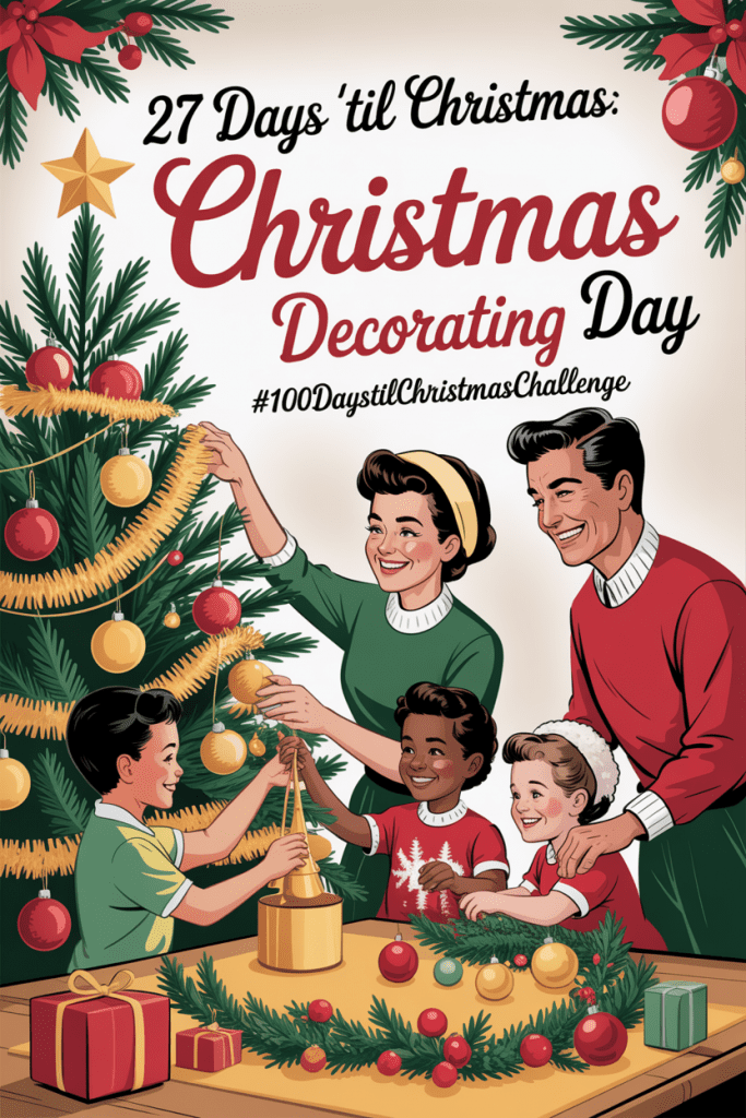 Vintage-style illustration of a cozy Christmas decorating day with a glowing tree, warm lights, and a diverse family adding ornaments in a nostalgic 1950s holiday scene.