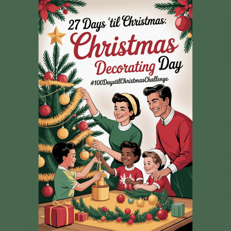 Mid-century Christmas decorating day artwork featuring a retro living room, classic tree decorations, warm colors, and a joyful family celebrating the start of the season.