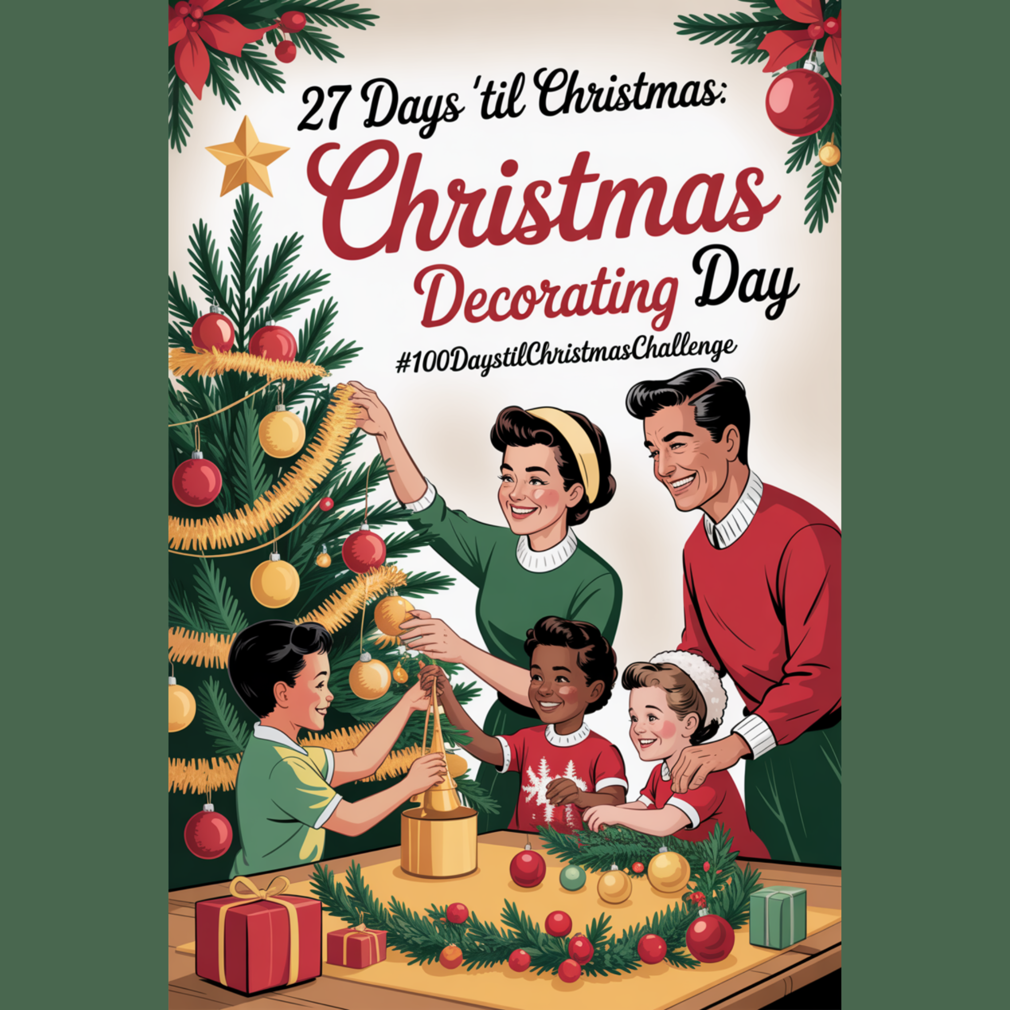 Mid-century Christmas decorating day artwork featuring a retro living room, classic tree decorations, warm colors, and a joyful family celebrating the start of the season.