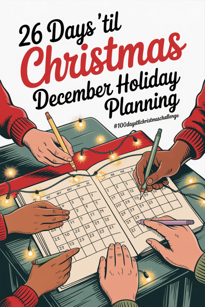 “Mid-century Christmas illustration, overhead view of a December planner open to a calendar page, surrounded by ornaments, ribbon, pine branches, candy canes, and a steaming mug of cocoa, warm vintage colors, soft shadows, no hands or people, subtle festive sparkle, room for text overlay, #100DaysTilChristmasChallenge, title text included.”