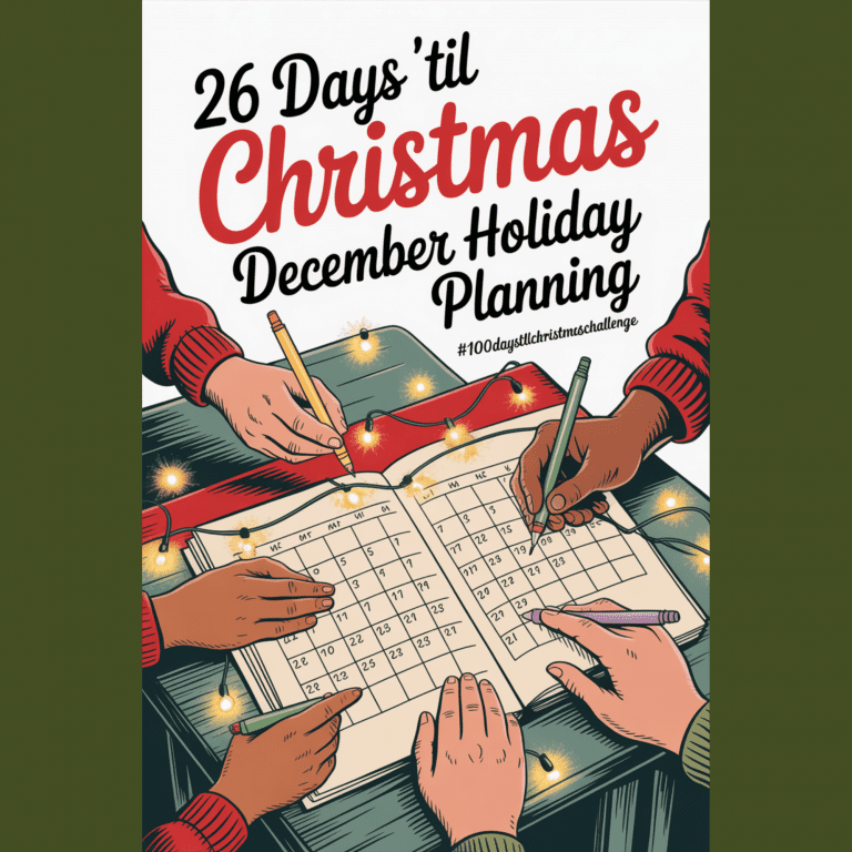 1950s-inspired holiday artwork showing a December calendar on a table as a family plans holiday activities, highlighting a calm December holiday planning check-in.