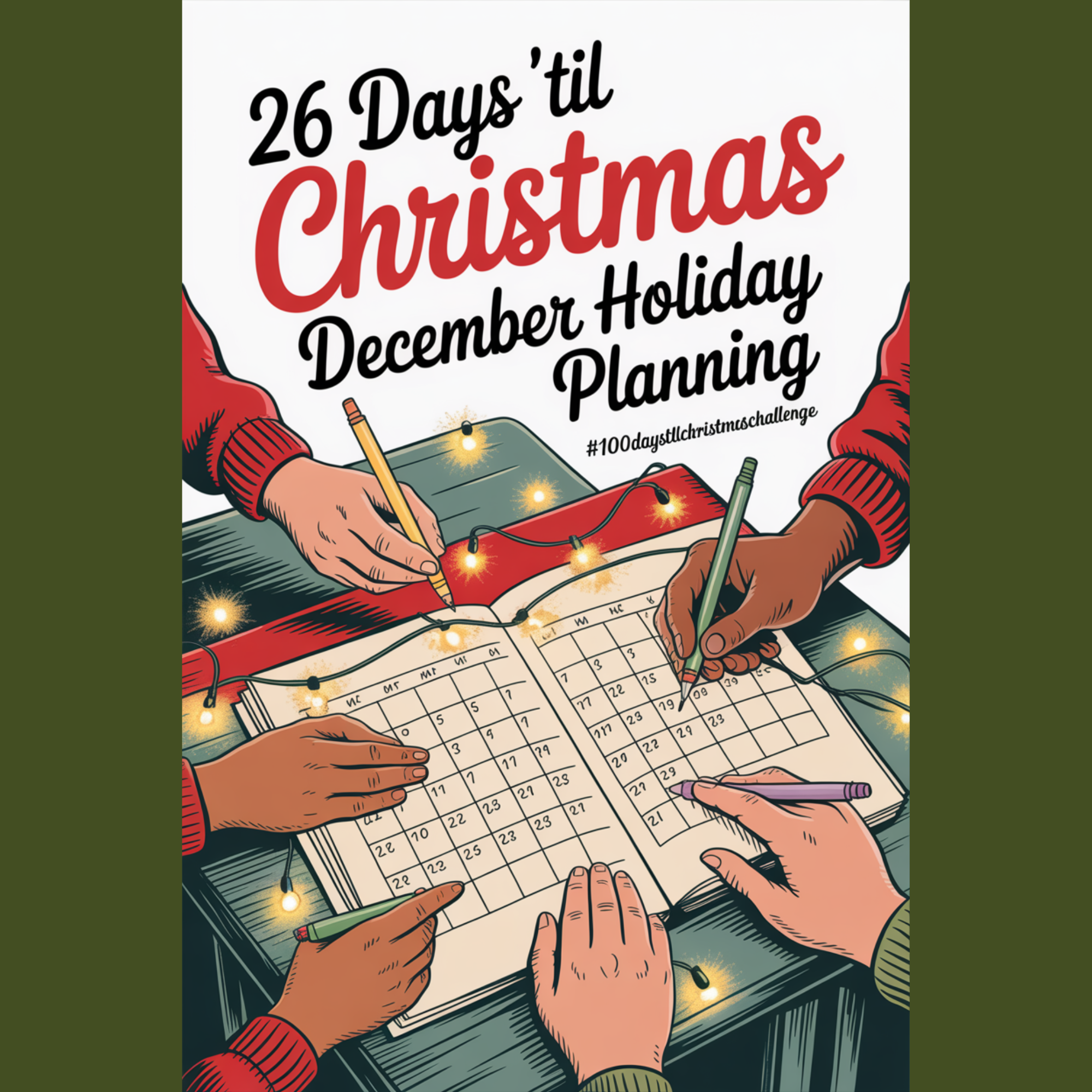 1950s-inspired holiday artwork showing a December calendar on a table as a family plans holiday activities, highlighting a calm December holiday planning check-in.