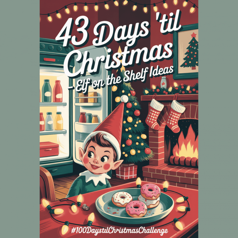 Cozy mid-century holiday scene featuring a playful elf, Christmas lights, colored milk, and festive decor in warm red and green tones. Text overlay says “43 Days ’Til Christmas – Elf on the Shelf Ideas” and “#100DaysTilChristmasChallenge.”