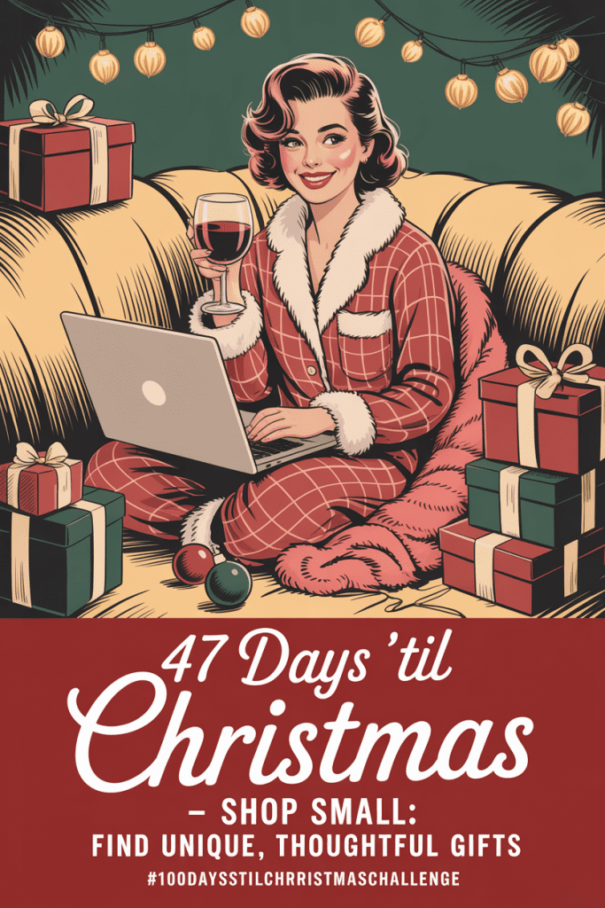 Etsy Christmas Gifts: Vintage illustration of a woman holiday shopping on Etsy with coffee and gifts nearby, symbolizing finding unique Christmas gifts from small shops.