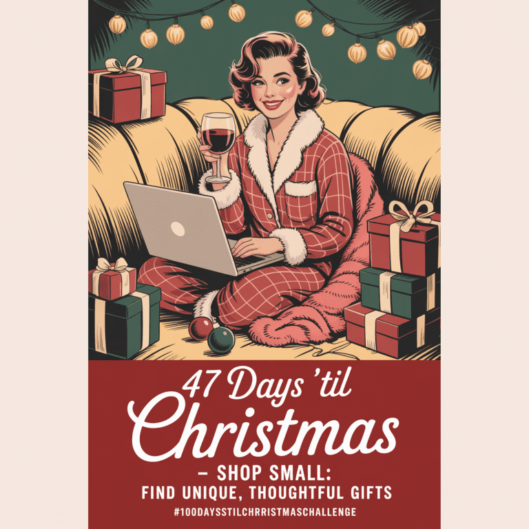 etsy christmas shopping: Cozy retro holiday artwork showing warm Christmas décor, wrapped presents, and a laptop open to Etsy, symbolizing thoughtful small-business Christmas gift shopping.