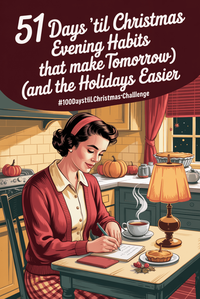Vintage-style illustration of a cozy evening scene with a woman writing in a notebook by lamplight, surrounded by soft Thanksgiving colors and warm light, promoting the post “Evening Habits That Make Tomorrow Easier.”