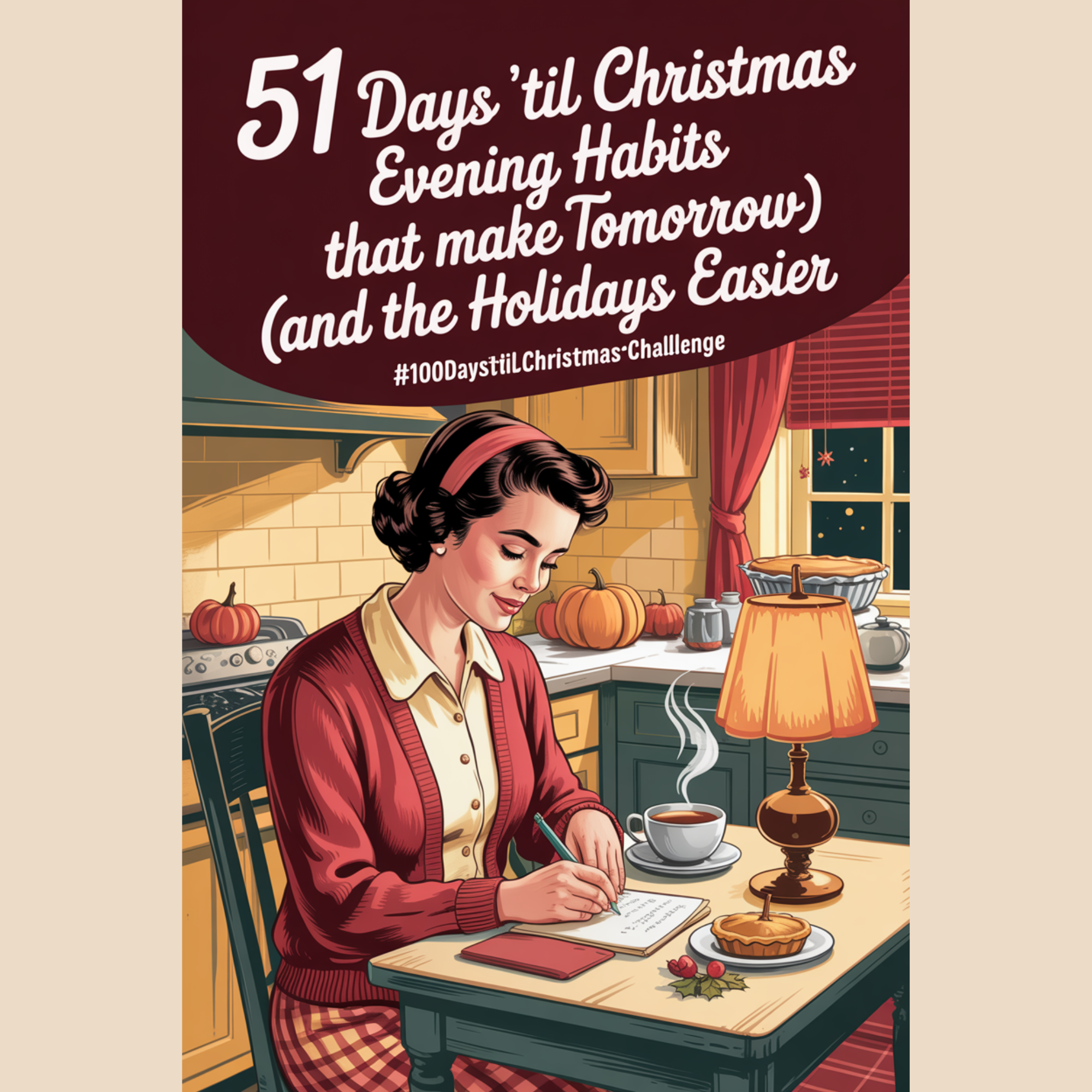 evening habits: 1950s-inspired cozy home scene with warm lighting, a cup of tea, and calm Thanksgiving decor, symbolizing simple evening routines that make the holidays smoother and less stressful.