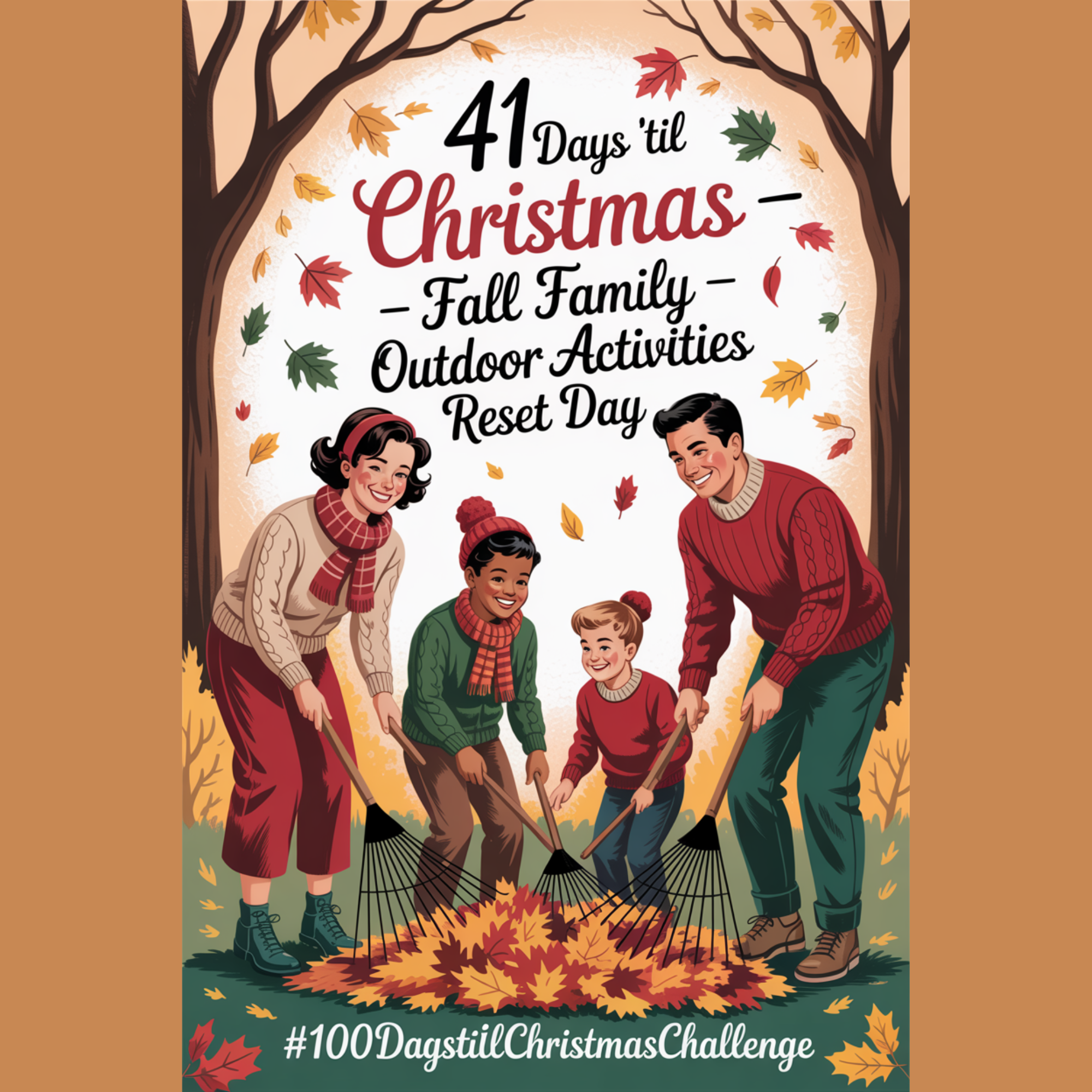 Parents and kids raking leaves in the yard as part of simple fall family outdoor activities, making the most of one of the last mild days of the season.