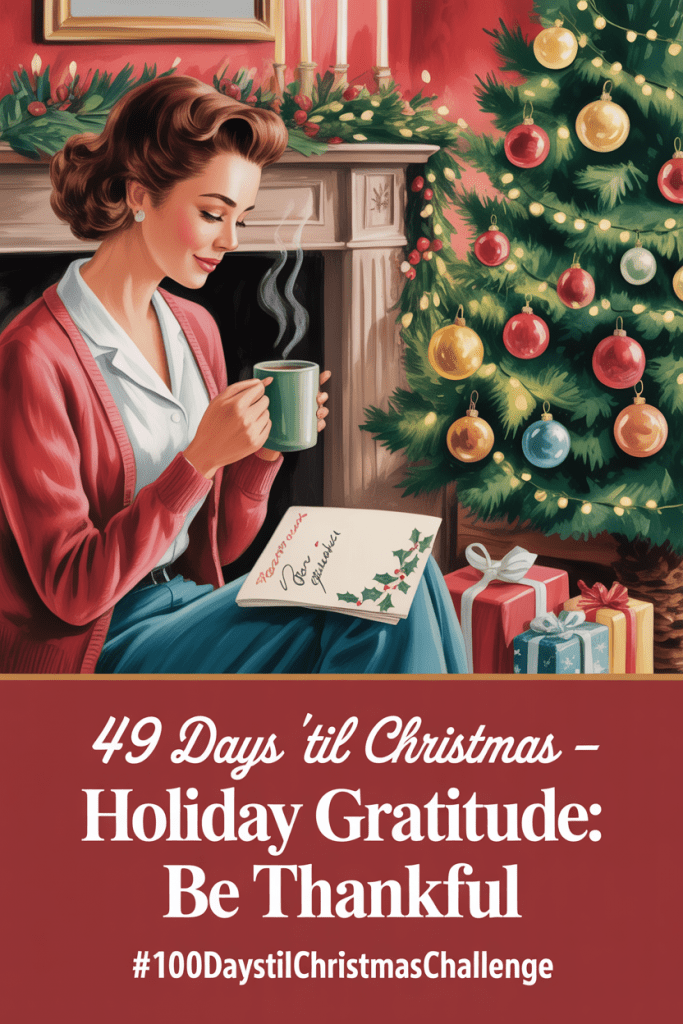 Vintage 1950s Christmas illustration of a woman writing a gratitude note by the tree with the text “49 Days ’Til Christmas – Holiday Gratitude: Be Thankful.”