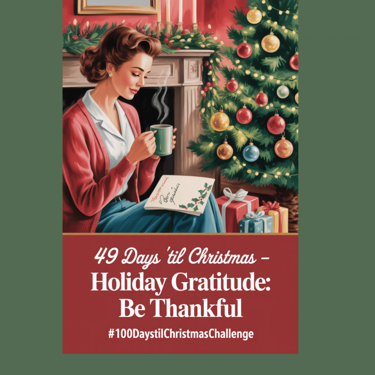 Warm mid-century holiday scene featuring a woman journaling by a decorated tree, with text overlay reading “49 Days ’Til Christmas – Holiday Gratitude: Be Thankful.”