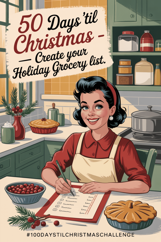 Vintage 1950s-style kitchen illustration of a woman writing her holiday grocery list at a cozy table surrounded by baking supplies and seasonal touches like a pumpkin pie and evergreen sprig, with text overlay “50 Days ’Til Christmas — Create Your Holiday Grocery List.”