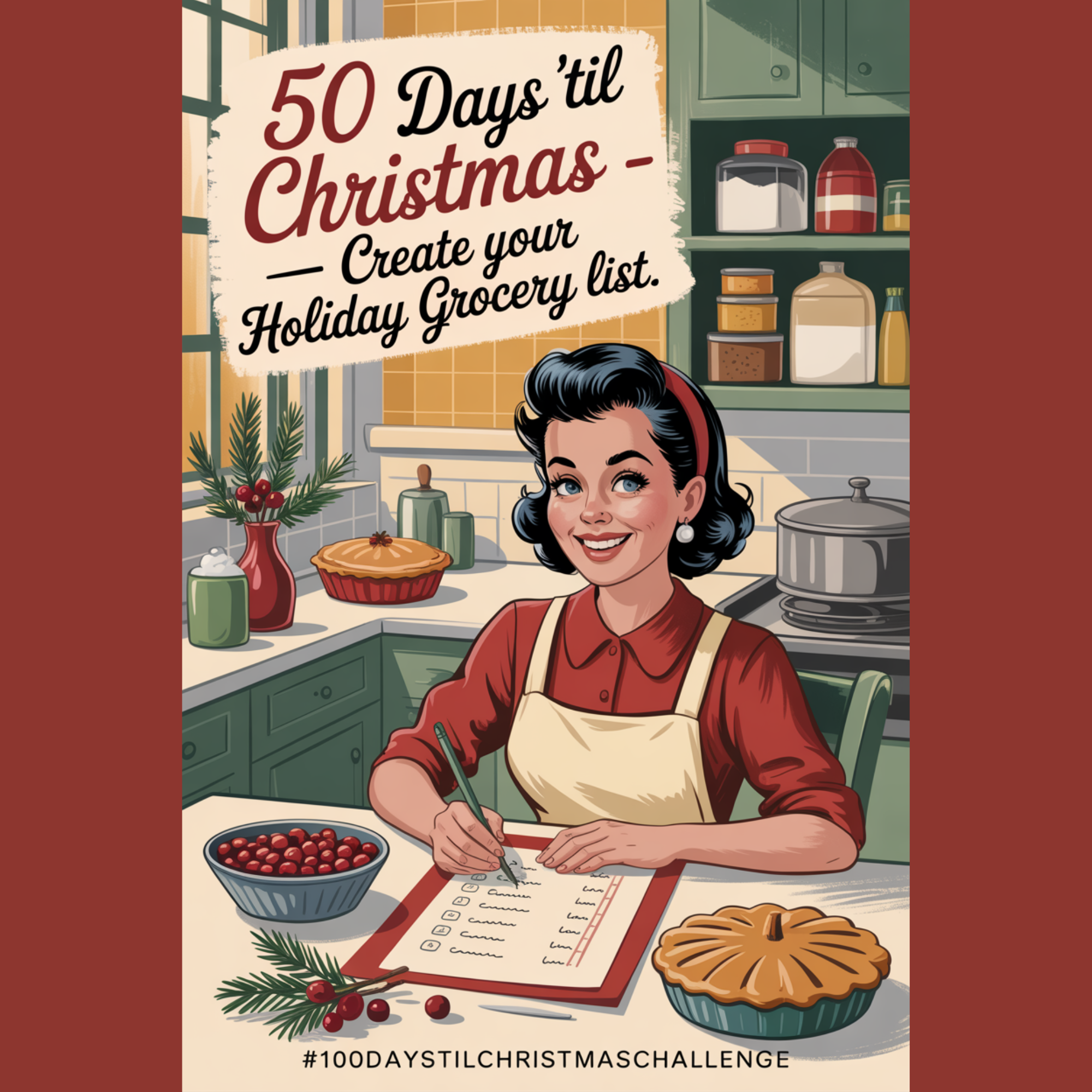 Retro mid-century kitchen scene showing holiday grocery list planning — a woman sits with coffee and a notepad near a window, baking ingredients around her, warm nostalgic tones, and text “50 Days ’Til Christmas — Create Your Holiday Grocery List.”