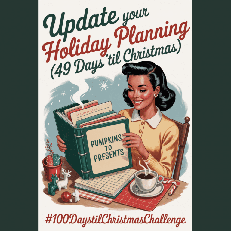 Cozy vintage Christmas scene showing a woman setting up her holiday planner labeled “Pumpkins to Presents.”