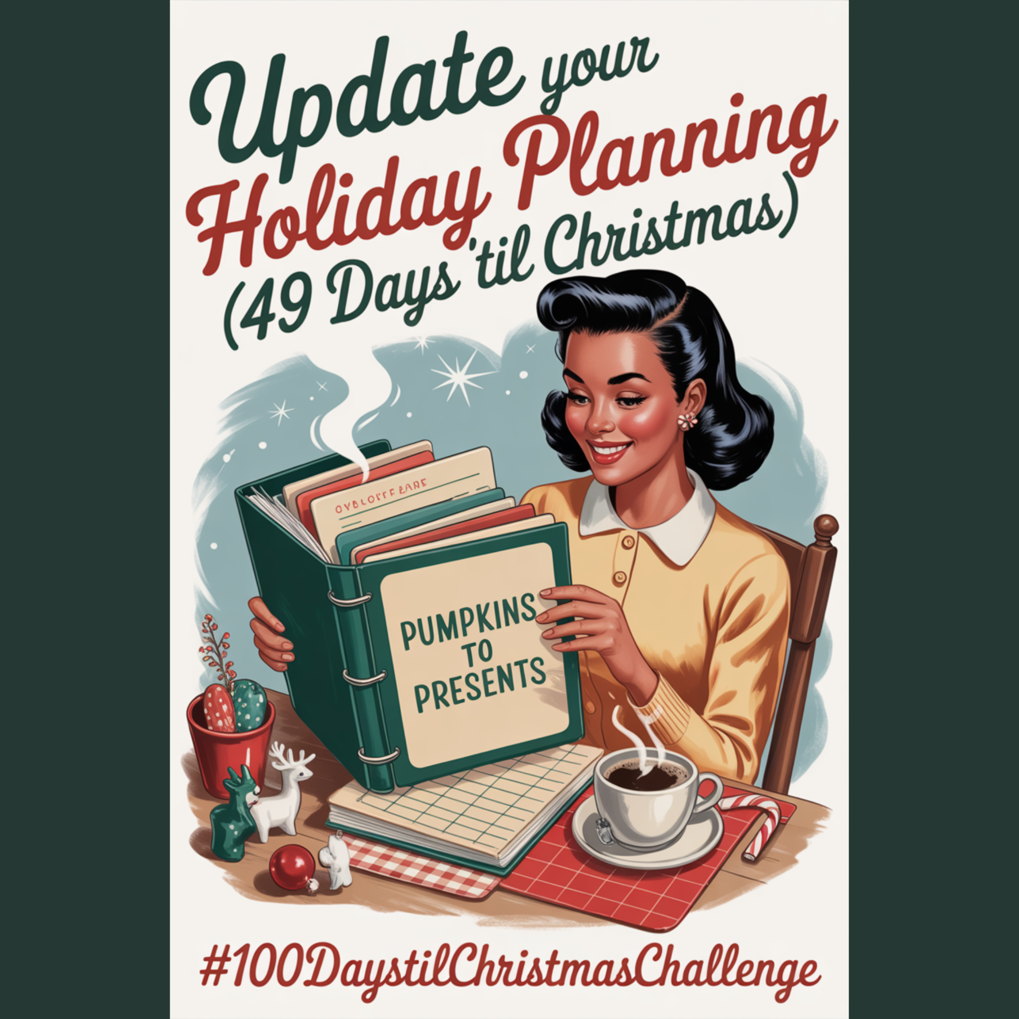 Cozy vintage Christmas scene showing a woman setting up her holiday planner labeled “Pumpkins to Presents.”