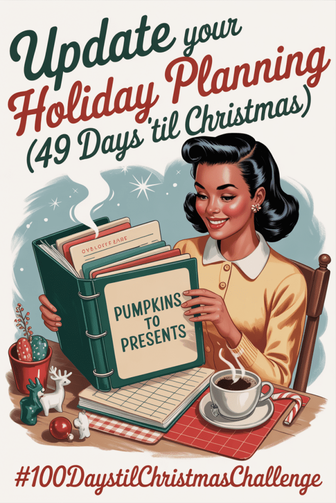 Vintage 1950s holiday illustration of a woman organizing a holiday planning binder at her kitchen table.