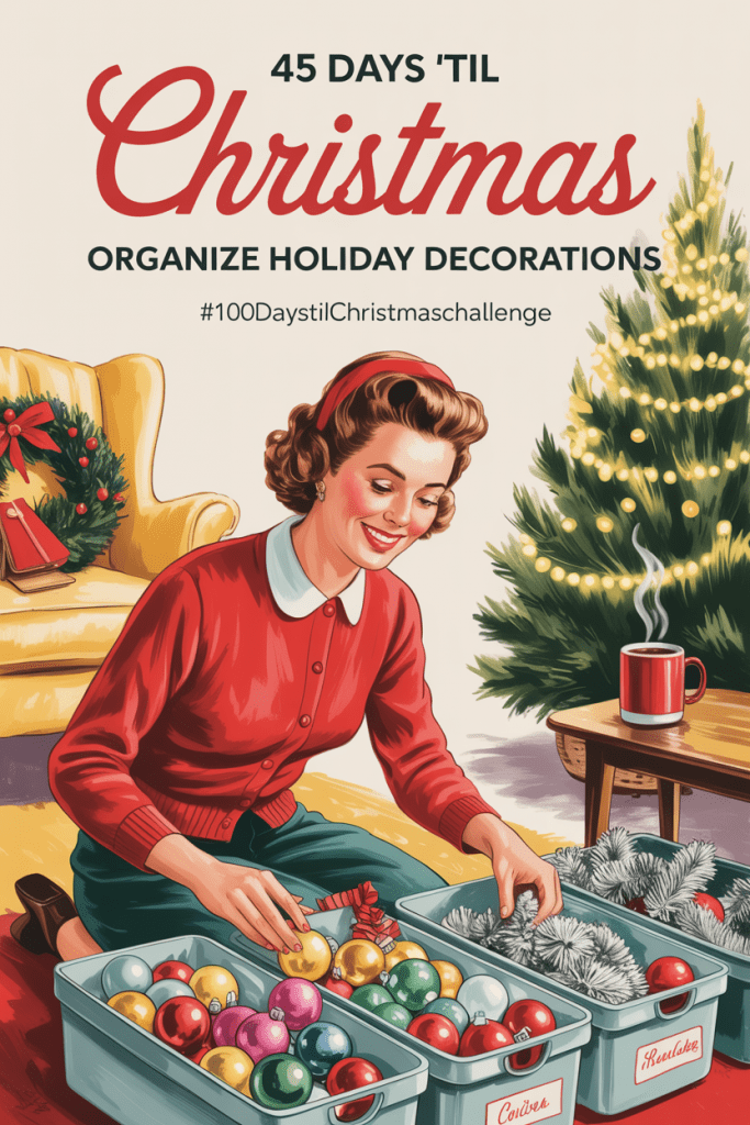 Vintage 1950s-style illustration of a woman organizing holiday decorations in a cozy living room, with open bins, ornaments, and a glowing Christmas tree. Text reads “45 Days ’Til Christmas: Organize Holiday Decorations” with hashtag #100DaysTilChristmasChallenge.