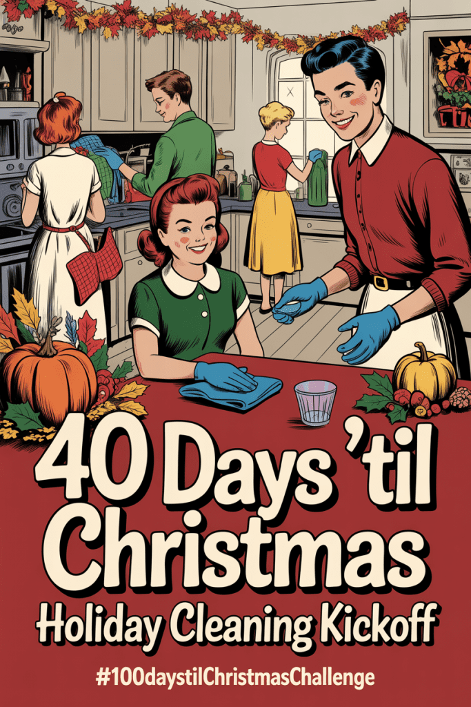 “Vintage-style illustration of a family doing pre-Thanksgiving cleaning with fall décor, representing a simple pre-Thanksgiving cleaning checklist.”