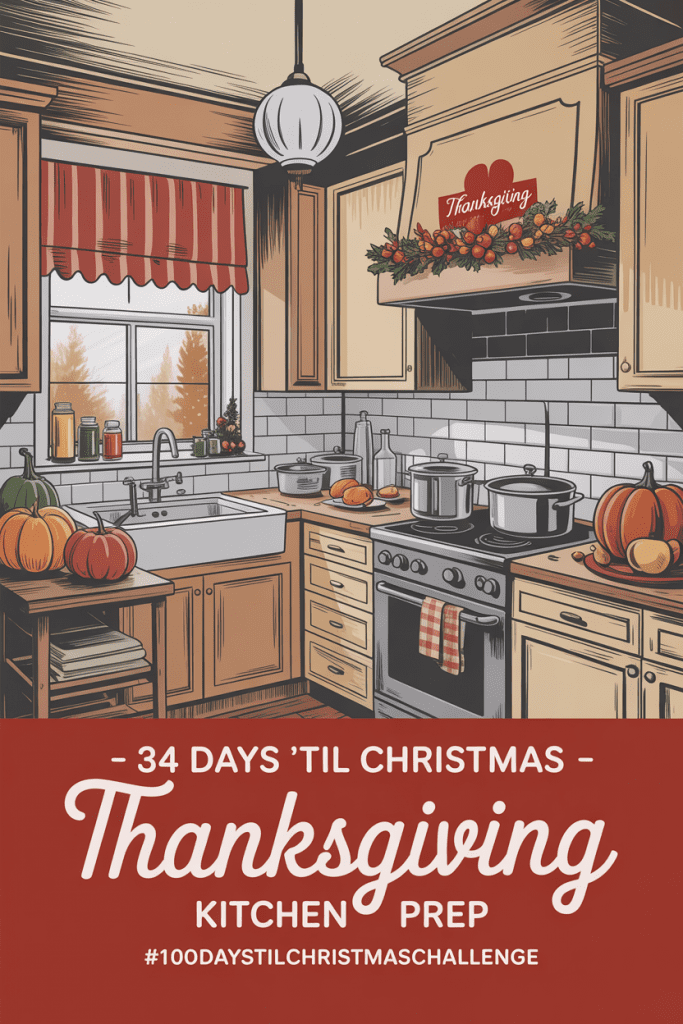 Vintage-style illustration of a clean, decluttered kitchen with cleared counters and folded linens, highlighting simple Thanksgiving prep.
