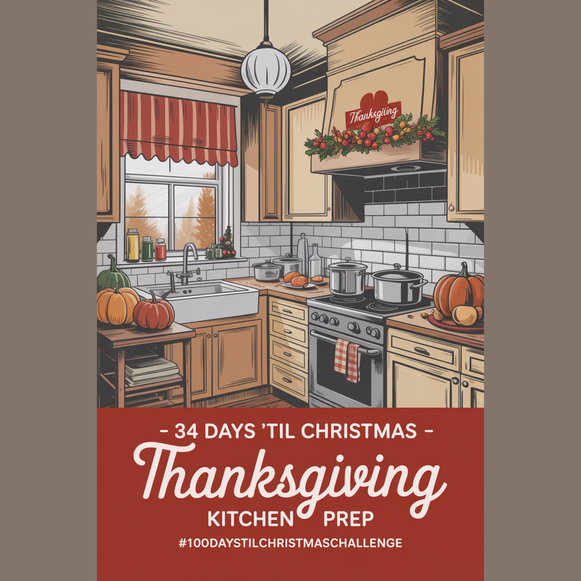 Cozy mid-century kitchen illustration showing open workspace and organized table linens, supporting a Thanksgiving prep in the kitchen theme.