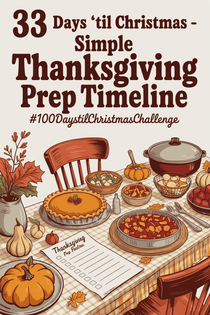 Vintage-style illustration showing Thanksgiving prep items like pie, casserole dishes, and a checklist, highlighting a simple Thanksgiving prep timeline.