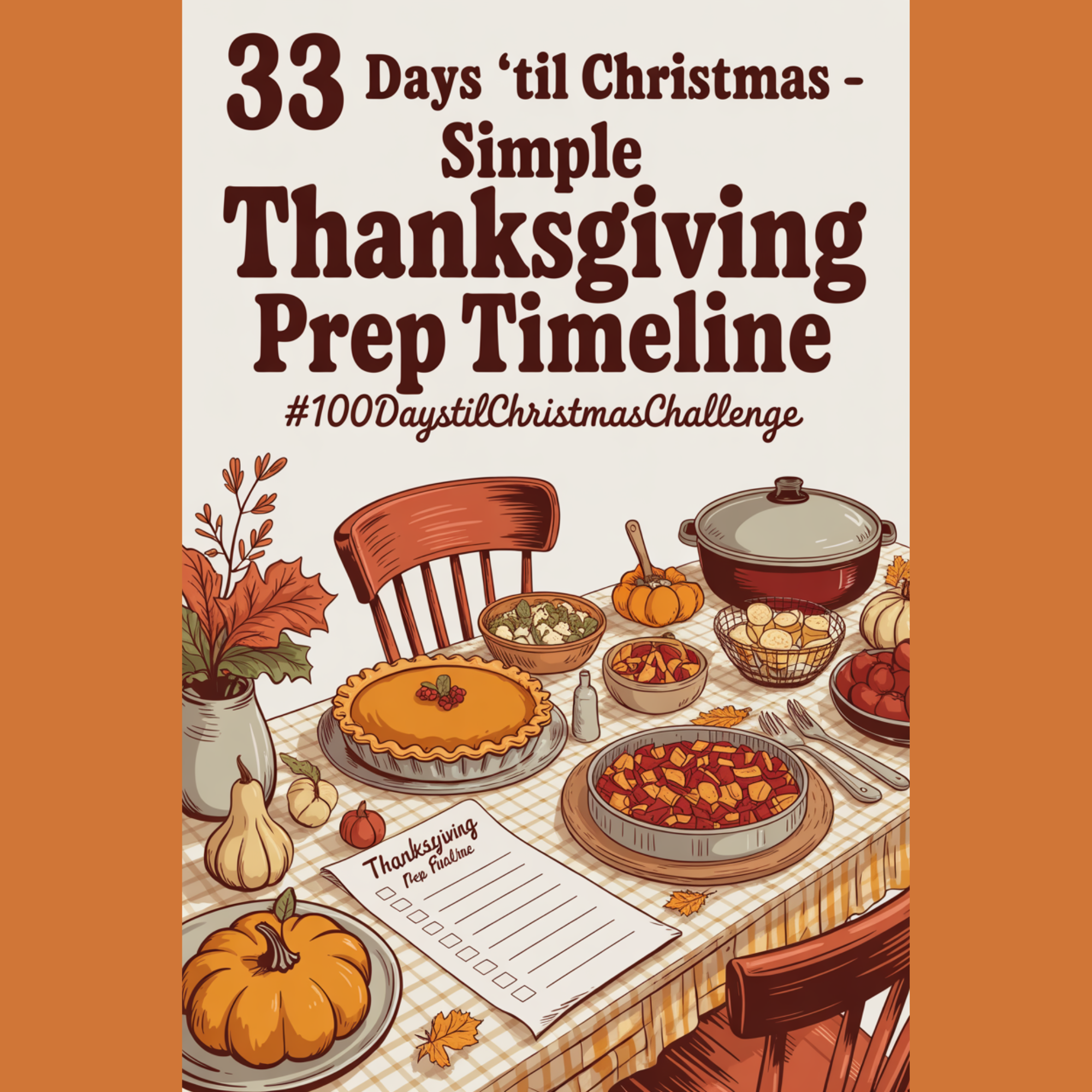 Cozy mid-century Thanksgiving prep scene with organized kitchen items and timeline notes, supporting a Thanksgiving prep timeline theme.