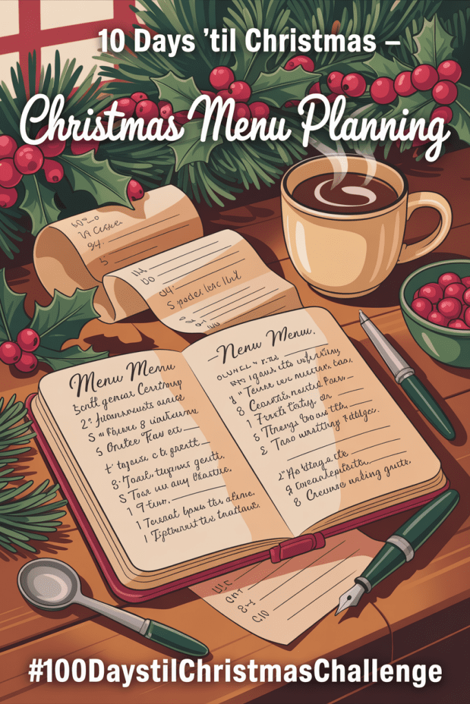 Vintage Christmas menu planning scene with a holiday planner and grocery list on a cozy kitchen table.