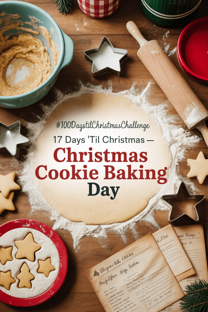 Vintage-style Christmas baking scene with a mixing bowl, cookie cutters, flour, and festive decorations arranged on a cozy kitchen counter for a Christmas cookie baking day.