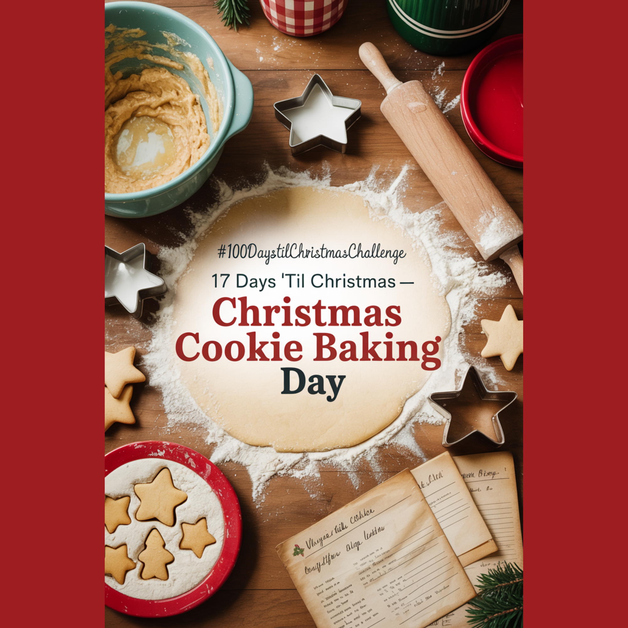 Nostalgic 1950s-inspired holiday kitchen image featuring christmas cookie baking day tools, recipe cards, and warm Christmas accents with space for the post title overlay.