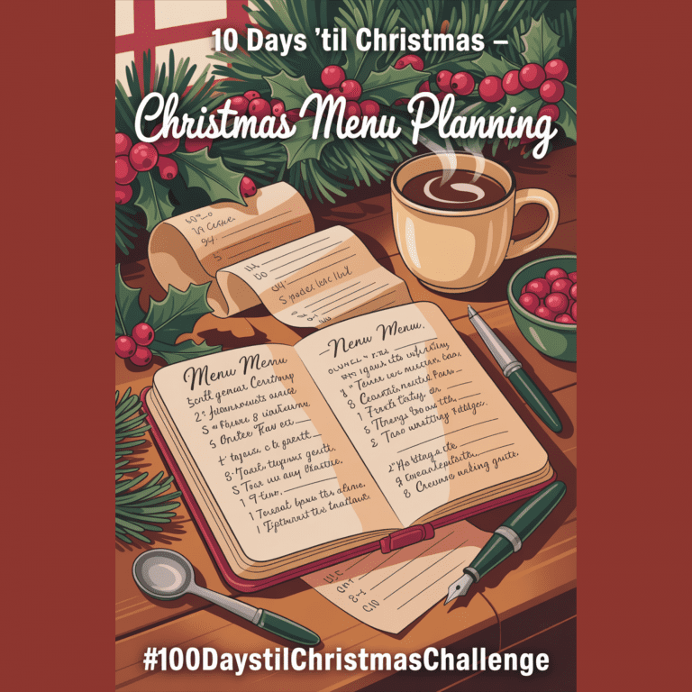 Vintage Christmas menu planning scene with a holiday planner and grocery list on a cozy kitchen table.