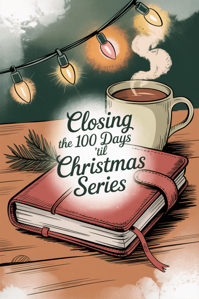 Closed planner and warm mug on a table with soft Christmas lights, symbolizing the end of holiday planning.