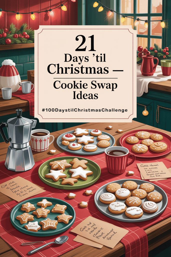 A cozy vintage-style holiday cookie swap scene with assorted Christmas cookies on platters, recipe cards, and warm festive decorations in a 1950s illustration style.