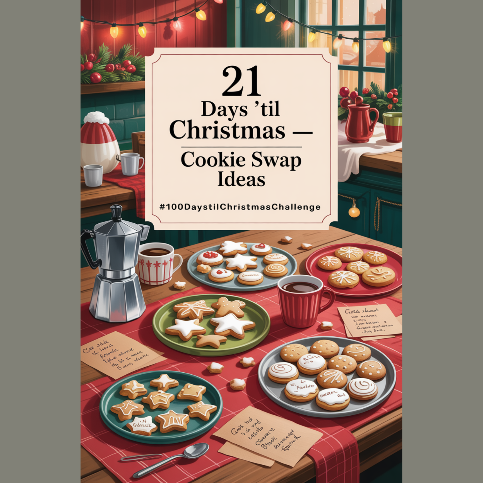 Retro 1950s holiday illustration of a cookie exchange setup with cookies, drink station, and recipe cards on a festive table ready for a cozy Christmas gathering.