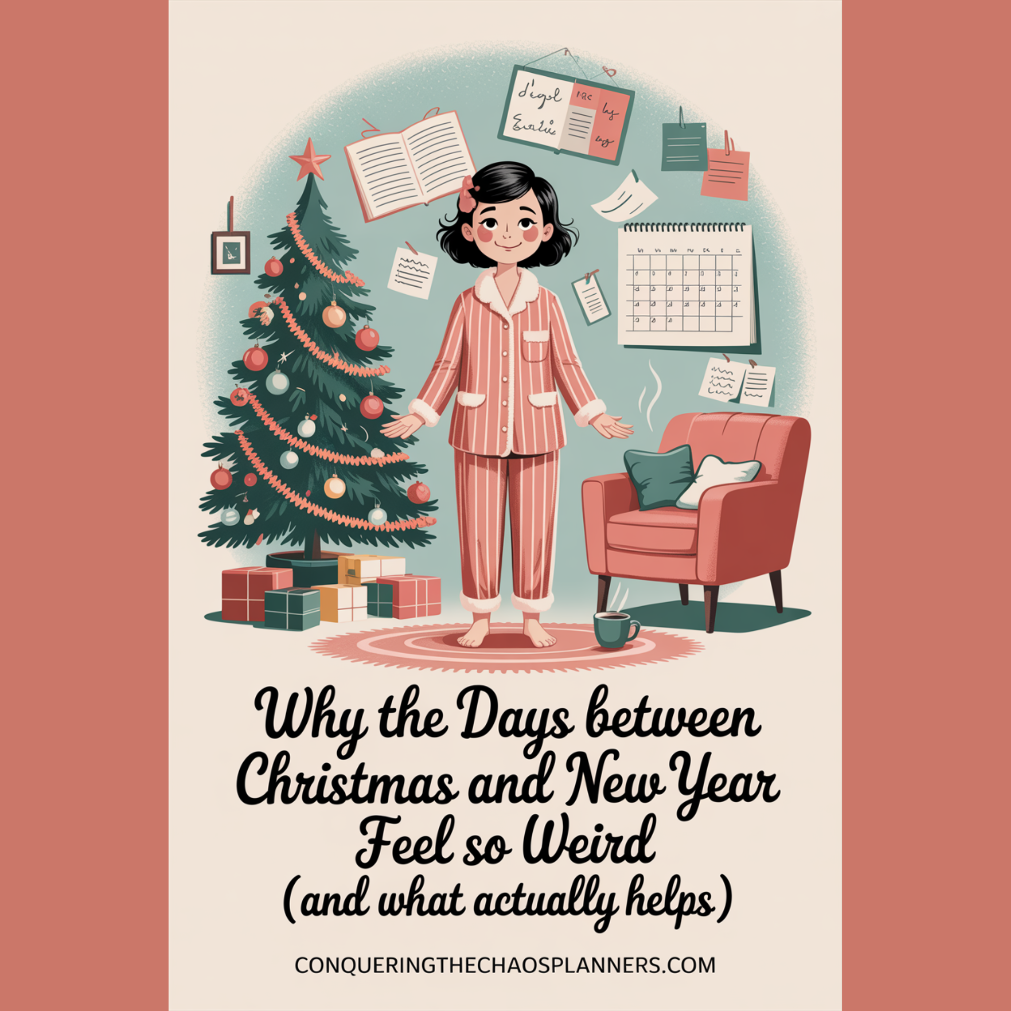 Illustrated scene of a woman in pajamas standing in a living room with the Christmas tree still up, capturing the days between Christmas and New Year