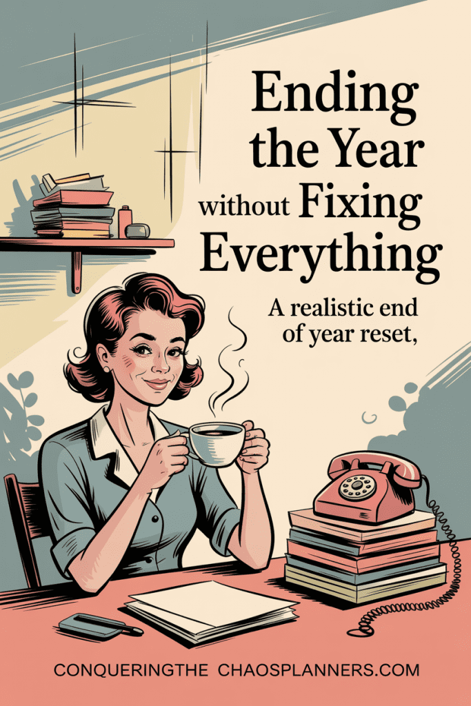 Whimsical illustration of a relaxed woman at a desk, representing an end of year reset focused on ease instead of perfection.