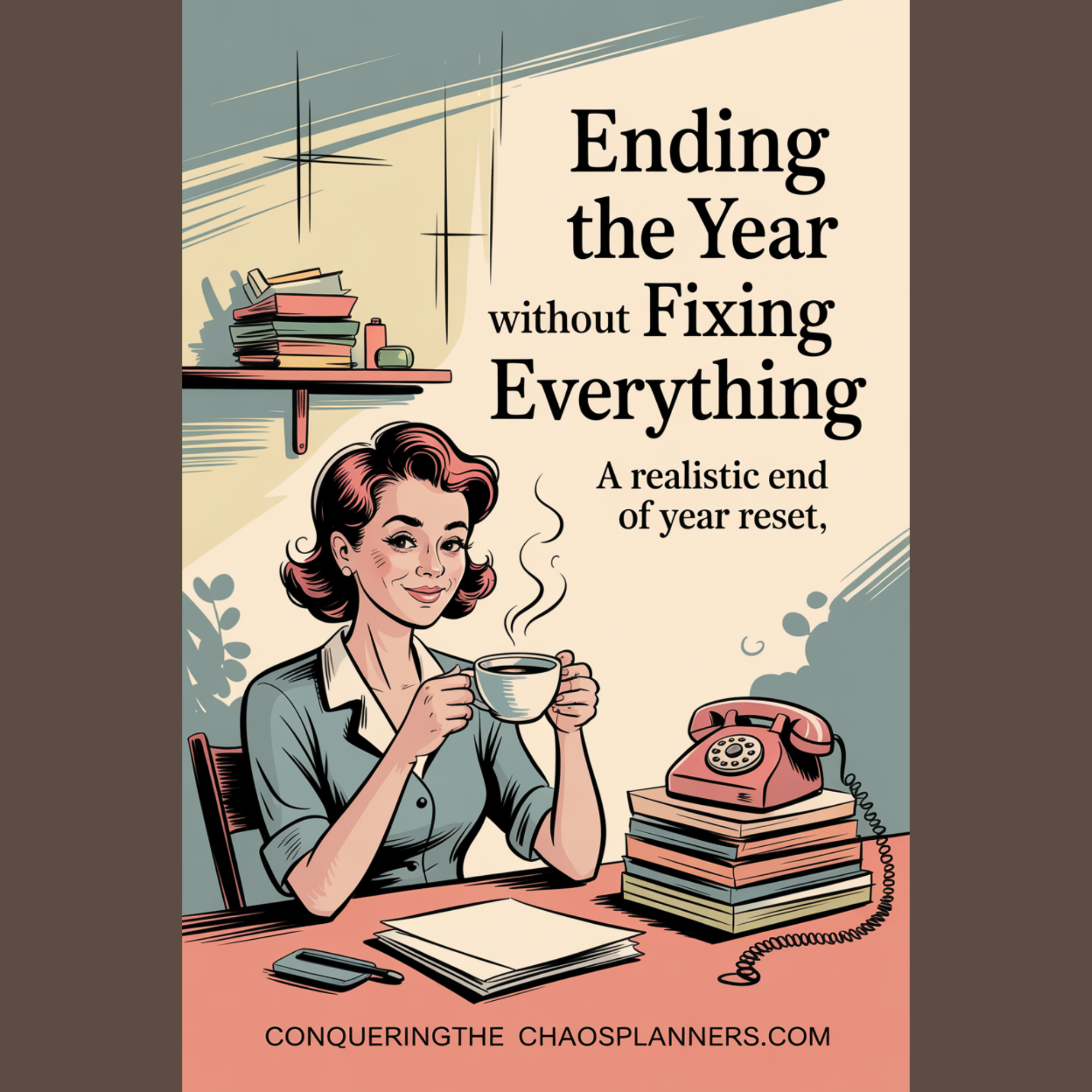Retro-style illustration of a calm, slightly messy workspace showing a realistic end of year reset without fixing everything.